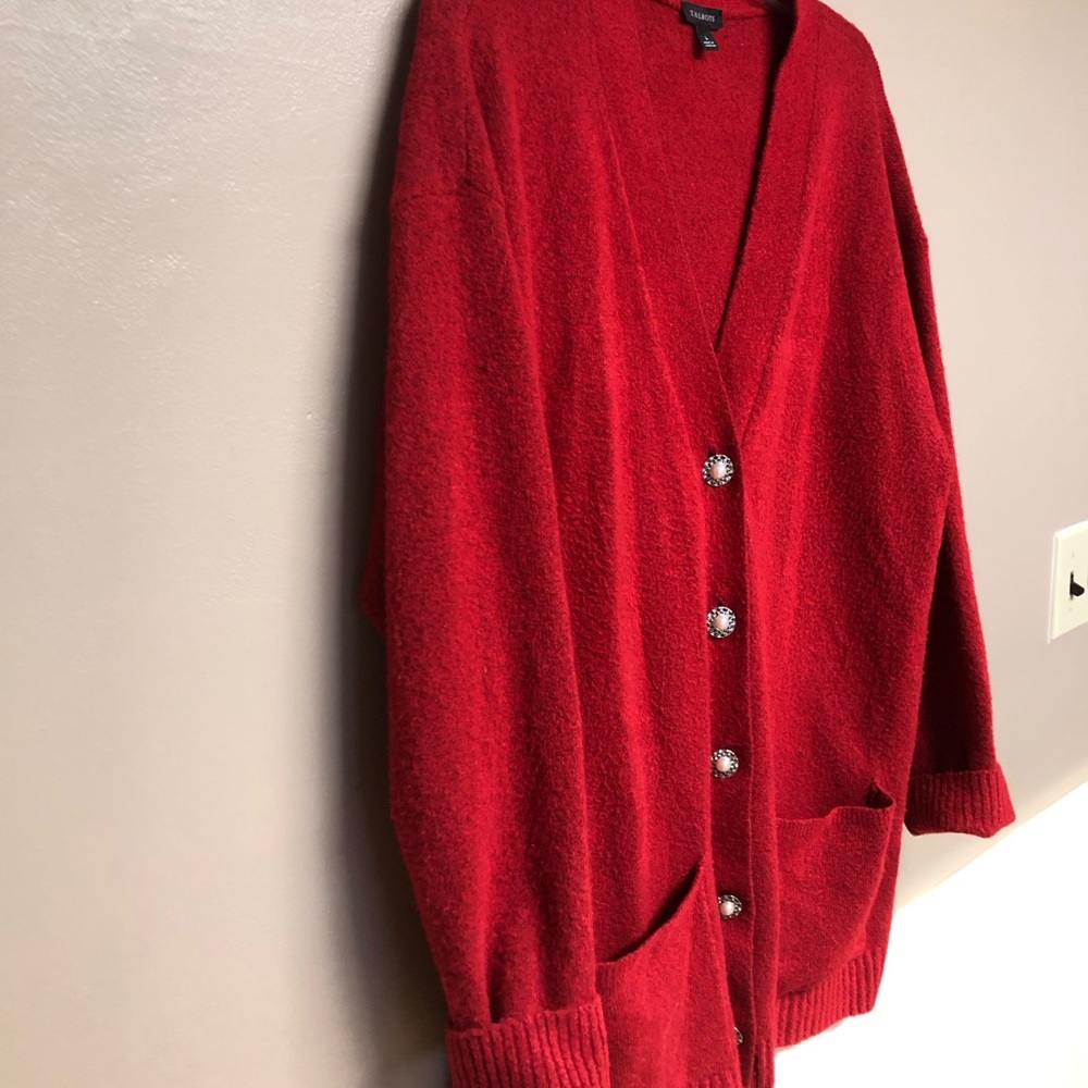 Talbots large cardigan sweater pockets wool alpaca pearl buttons Christmas 🎄
